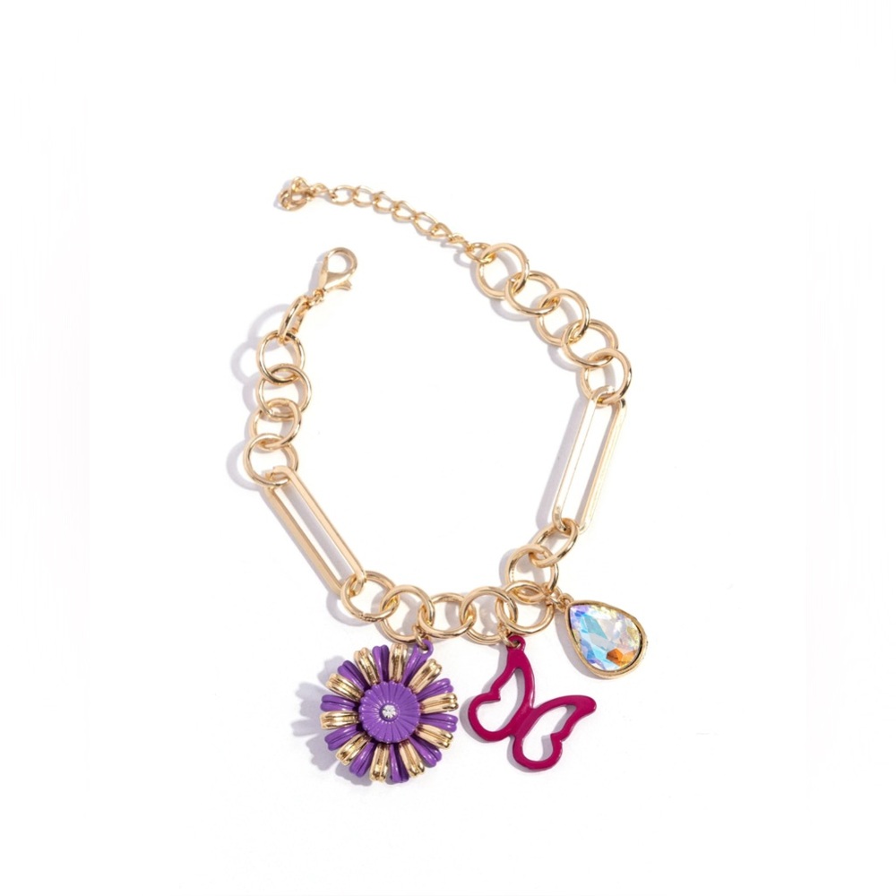 Gold and Purple Flower Butterfly Charm Necklace and Bracelet Set - Picture 3 of 6